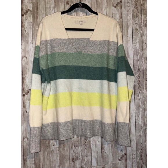 Loft Women's V-neck Long Sleeve Striped Sweater Wool Blend Size XL Green Gray - Picture 1 of 9